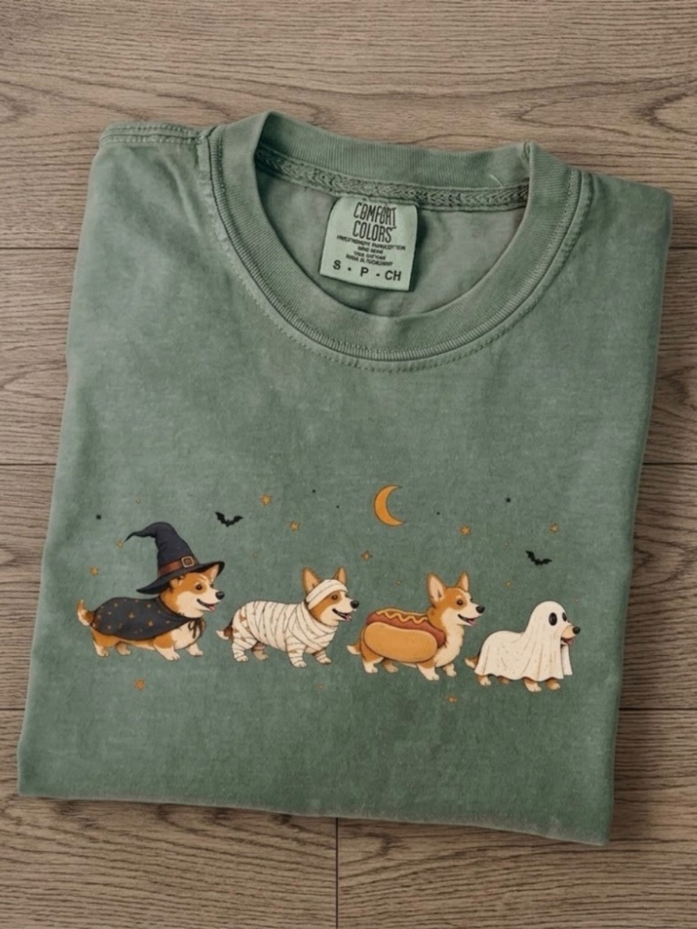 Comfort Colors Green Corgi Halloween Graphic Tee